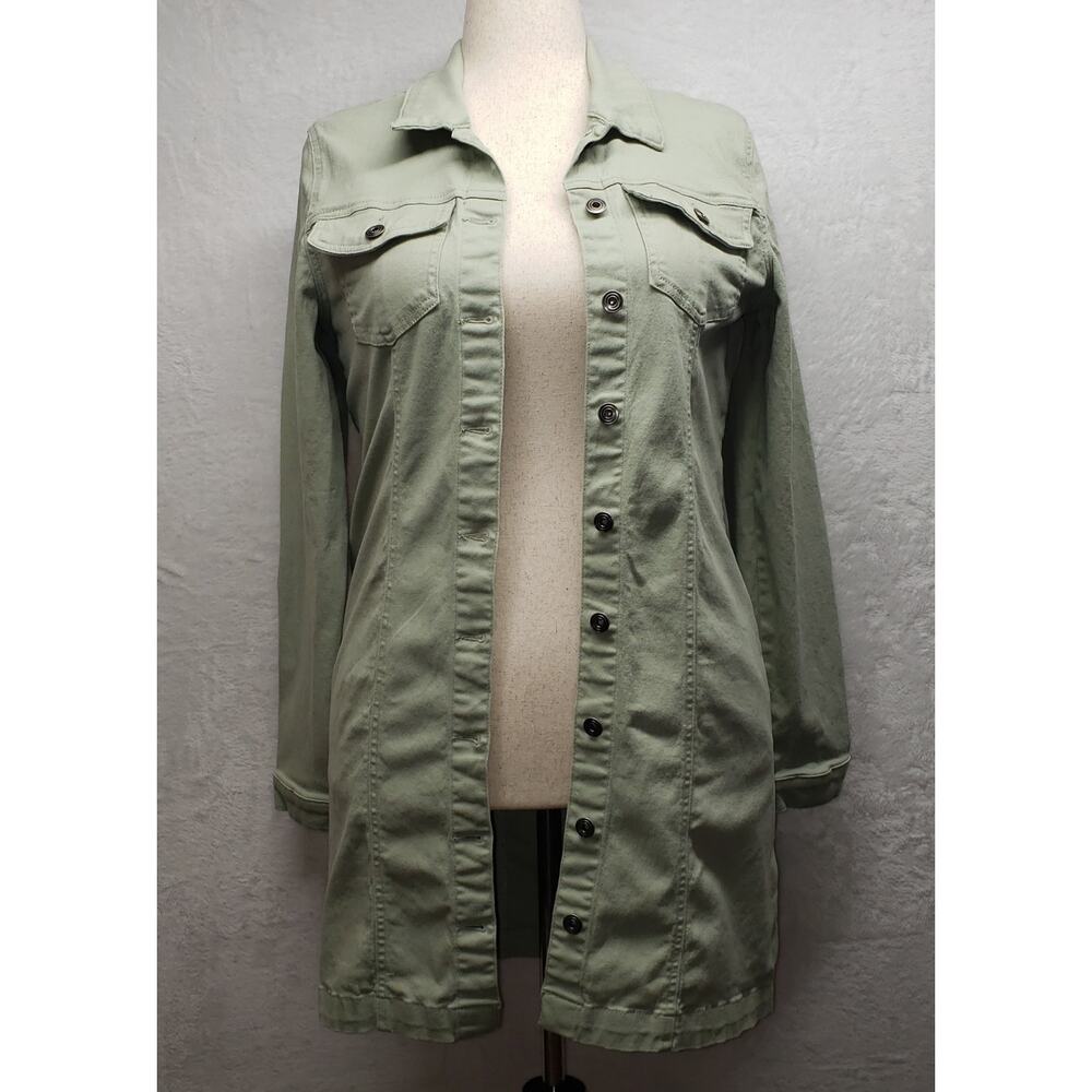 RE Generation Longline Denim Jacket Sz XL Desert Sage Stretch Button Front